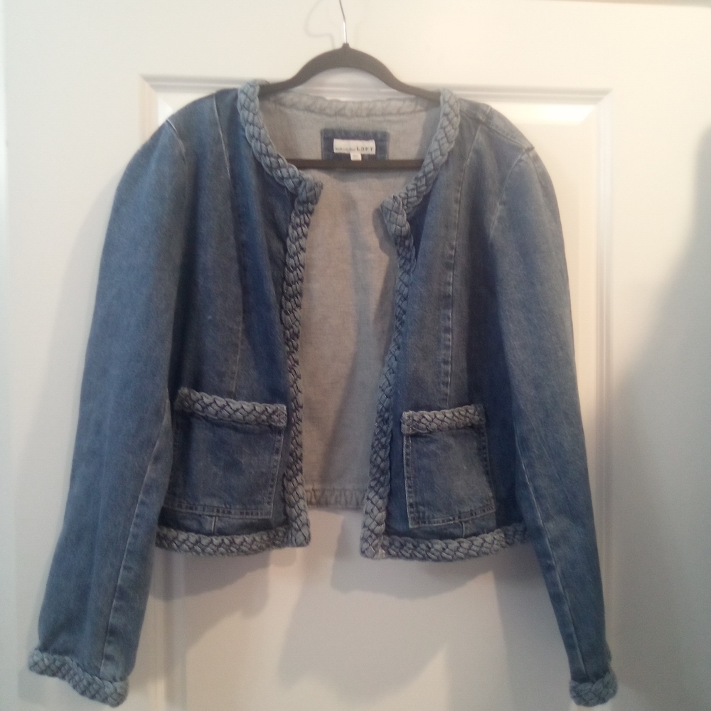 LOFT Blue Denim Jean Jacket with Braided Trim